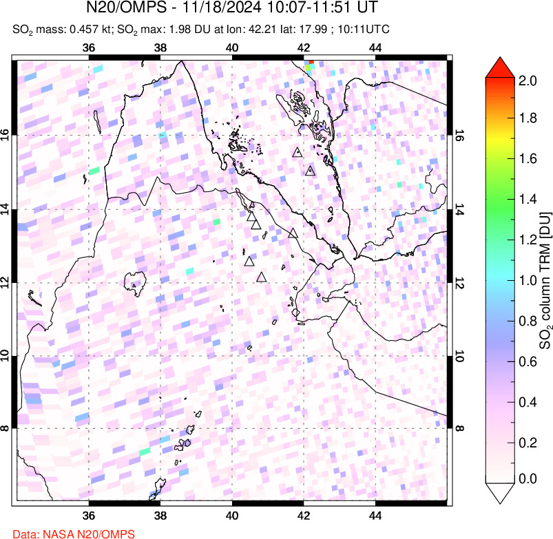 A sulfur dioxide image over Afar and southern Red Sea on Nov 18, 2024.