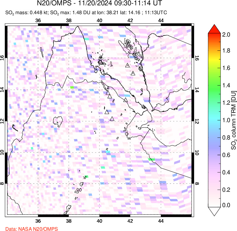 A sulfur dioxide image over Afar and southern Red Sea on Nov 20, 2024.