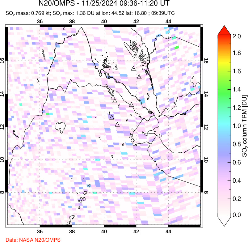 A sulfur dioxide image over Afar and southern Red Sea on Nov 25, 2024.