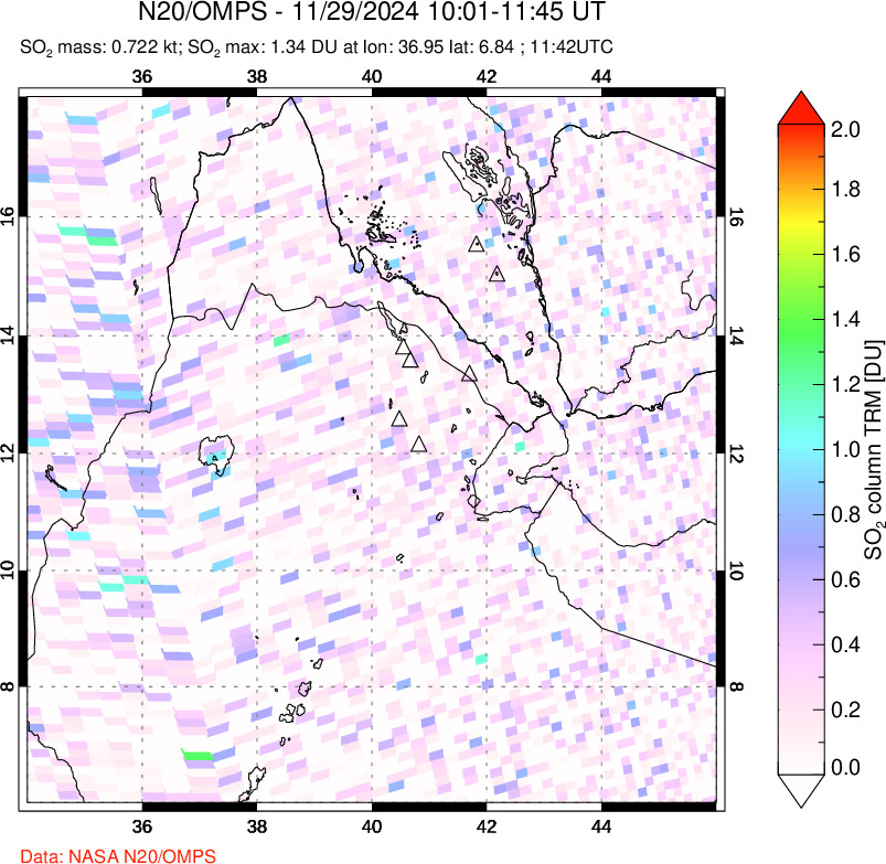 A sulfur dioxide image over Afar and southern Red Sea on Nov 29, 2024.