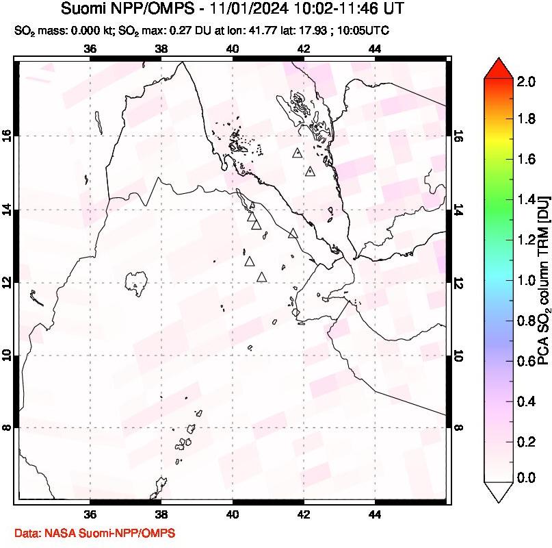 A sulfur dioxide image over Afar and southern Red Sea on Nov 01, 2024.