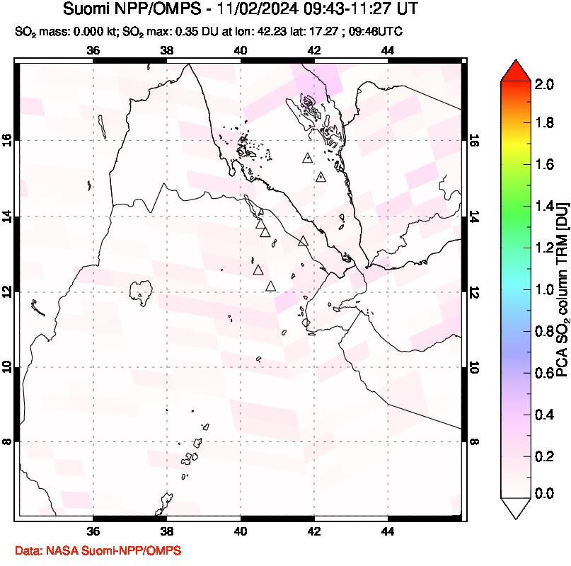 A sulfur dioxide image over Afar and southern Red Sea on Nov 02, 2024.