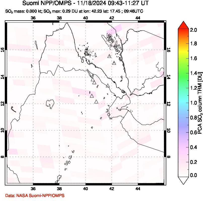 A sulfur dioxide image over Afar and southern Red Sea on Nov 18, 2024.