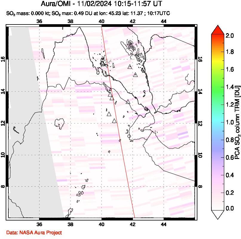 A sulfur dioxide image over Afar and southern Red Sea on Nov 02, 2024.