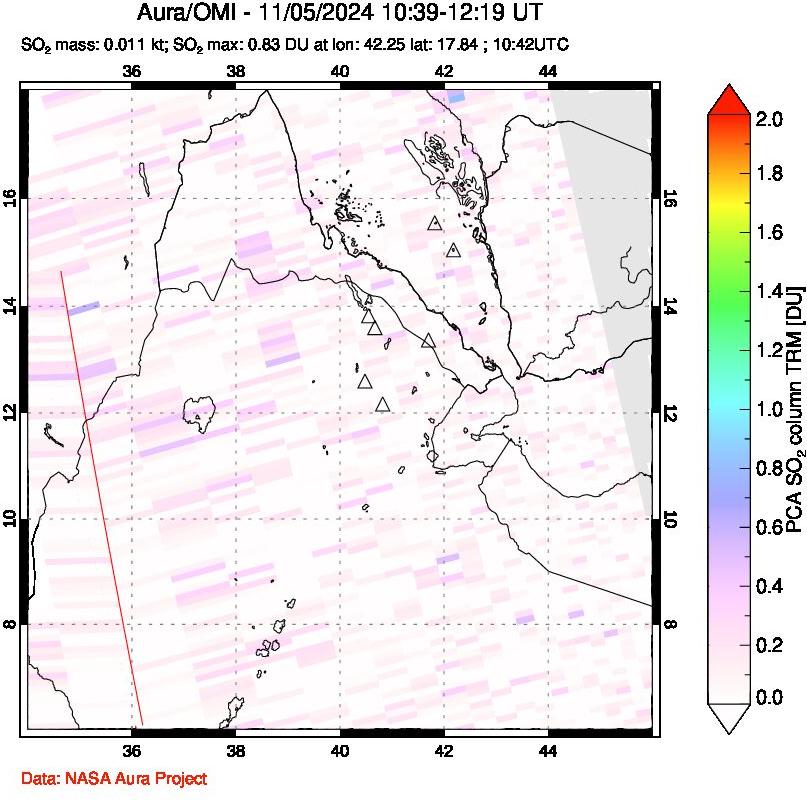 A sulfur dioxide image over Afar and southern Red Sea on Nov 05, 2024.