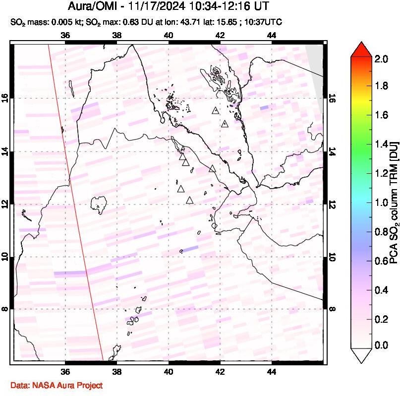 A sulfur dioxide image over Afar and southern Red Sea on Nov 17, 2024.