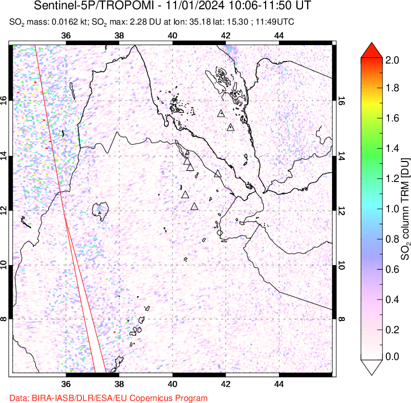 A sulfur dioxide image over Afar and southern Red Sea on Nov 01, 2024.