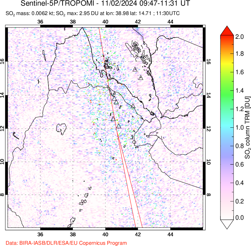 A sulfur dioxide image over Afar and southern Red Sea on Nov 02, 2024.