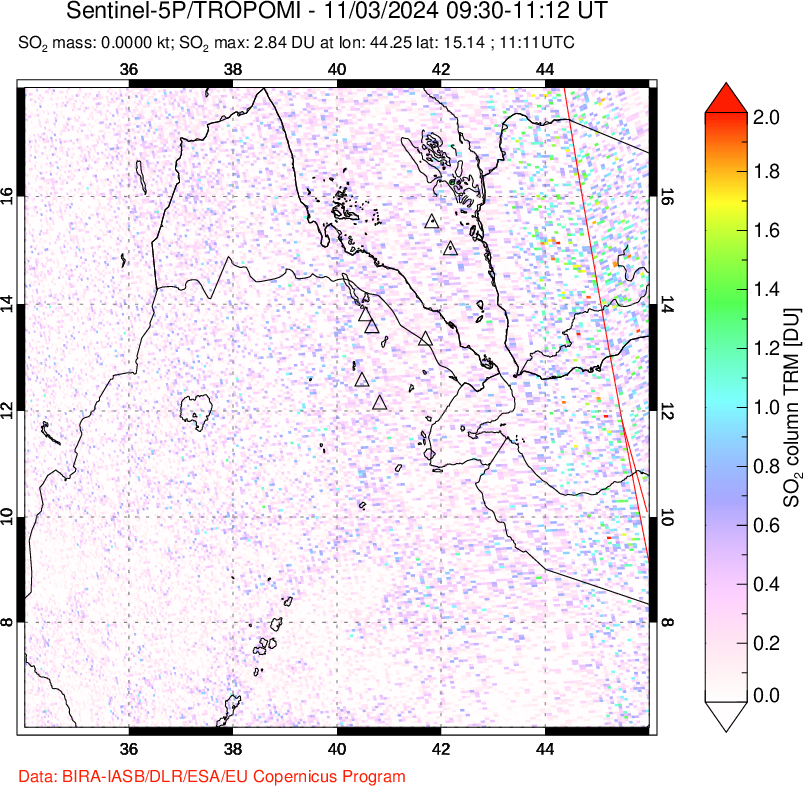 A sulfur dioxide image over Afar and southern Red Sea on Nov 03, 2024.