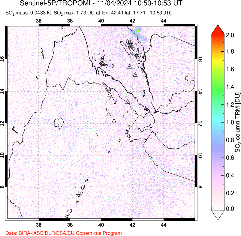 A sulfur dioxide image over Afar and southern Red Sea on Nov 04, 2024.