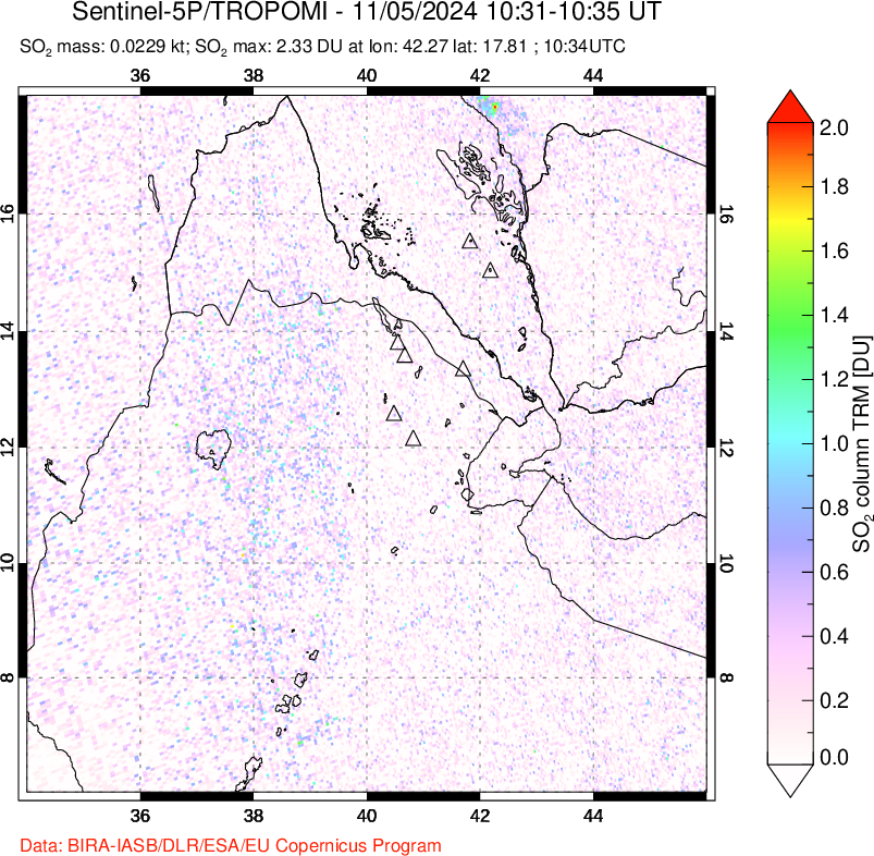 A sulfur dioxide image over Afar and southern Red Sea on Nov 05, 2024.