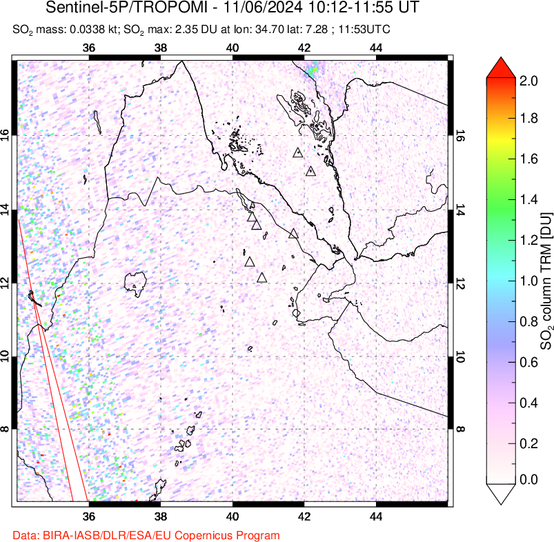 A sulfur dioxide image over Afar and southern Red Sea on Nov 06, 2024.