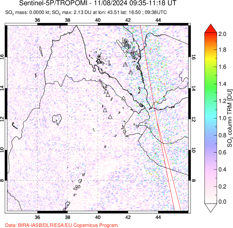 A sulfur dioxide image over Afar and southern Red Sea on Nov 08, 2024.