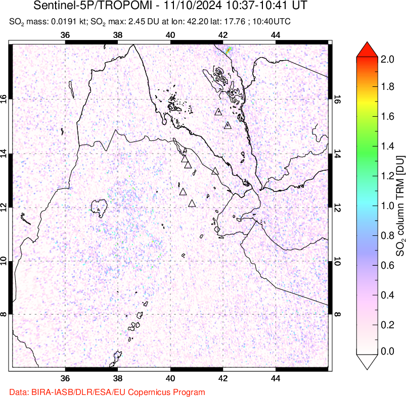 A sulfur dioxide image over Afar and southern Red Sea on Nov 10, 2024.