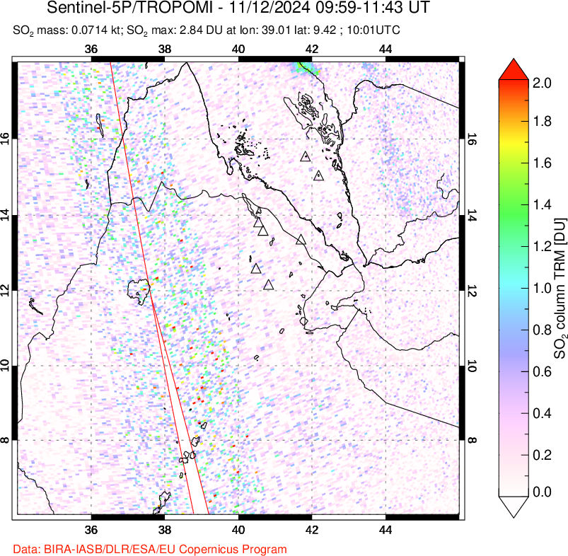 A sulfur dioxide image over Afar and southern Red Sea on Nov 12, 2024.