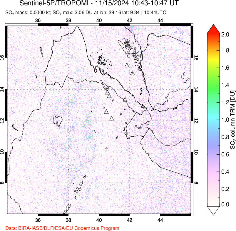 A sulfur dioxide image over Afar and southern Red Sea on Nov 15, 2024.