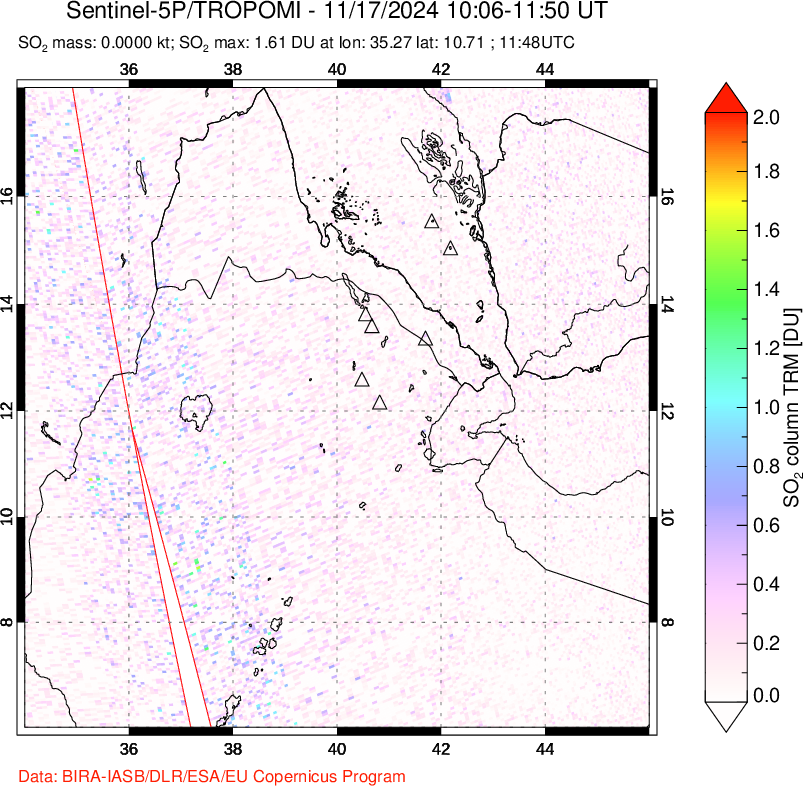 A sulfur dioxide image over Afar and southern Red Sea on Nov 17, 2024.