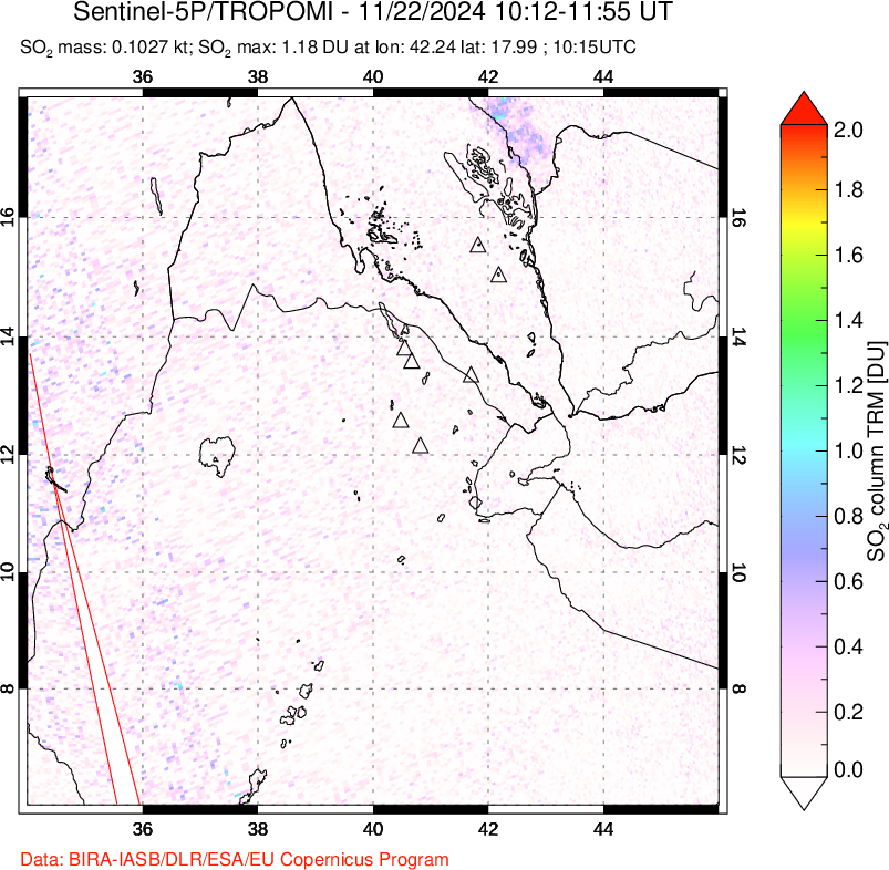 A sulfur dioxide image over Afar and southern Red Sea on Nov 22, 2024.