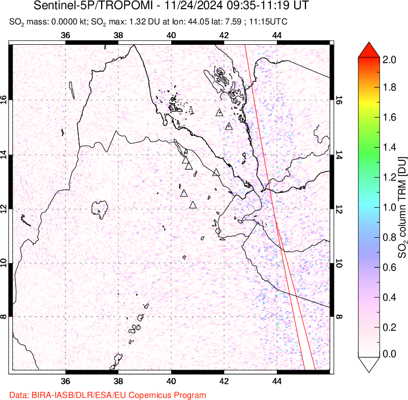 A sulfur dioxide image over Afar and southern Red Sea on Nov 24, 2024.