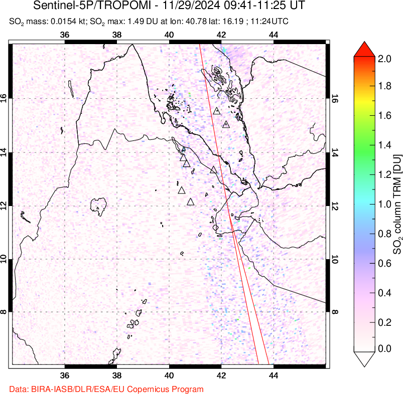 A sulfur dioxide image over Afar and southern Red Sea on Nov 29, 2024.