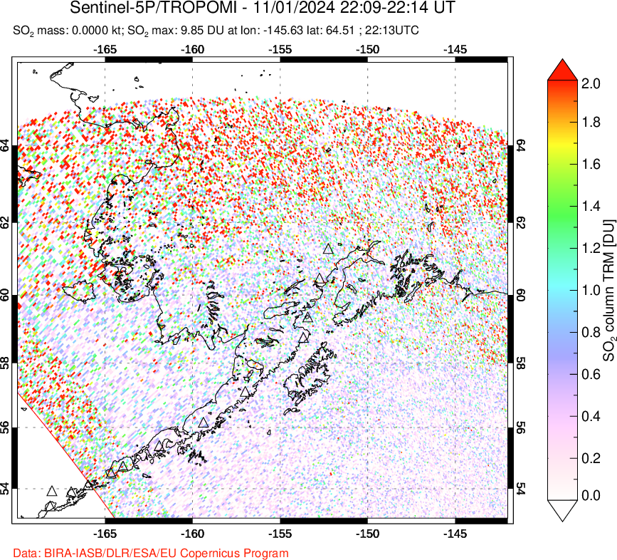 A sulfur dioxide image over Alaska, USA on Nov 01, 2024.