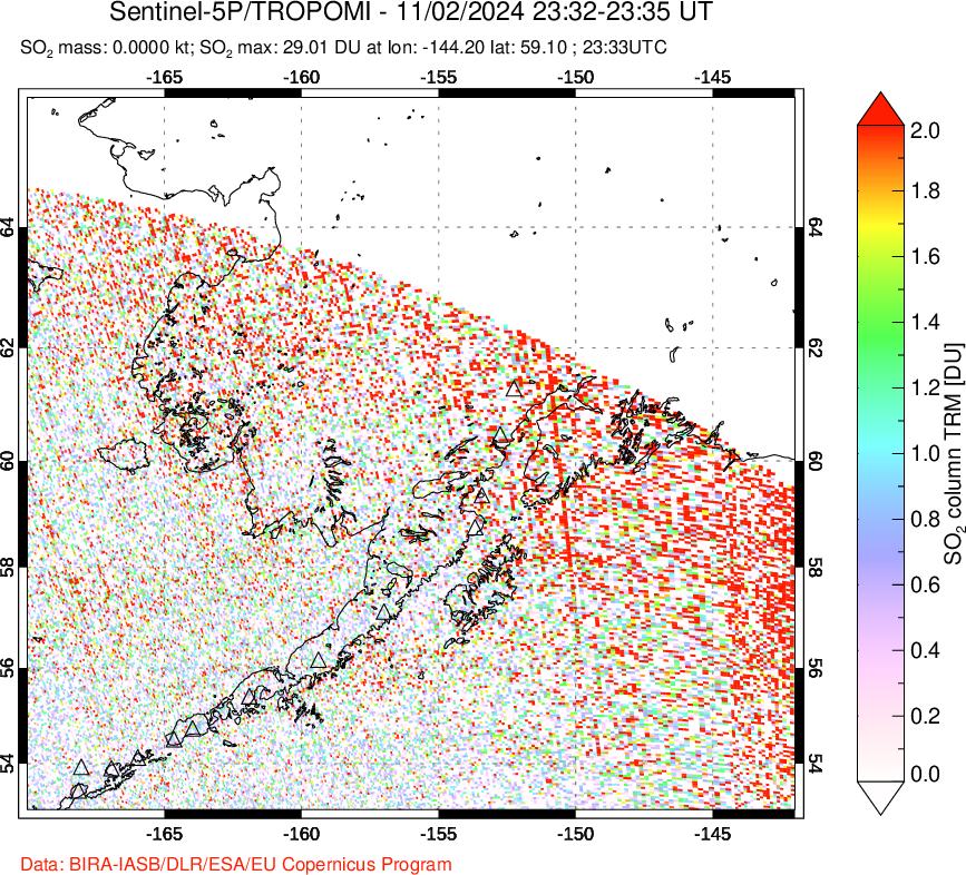 A sulfur dioxide image over Alaska, USA on Nov 02, 2024.