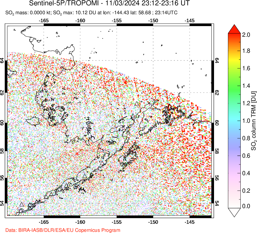 A sulfur dioxide image over Alaska, USA on Nov 03, 2024.