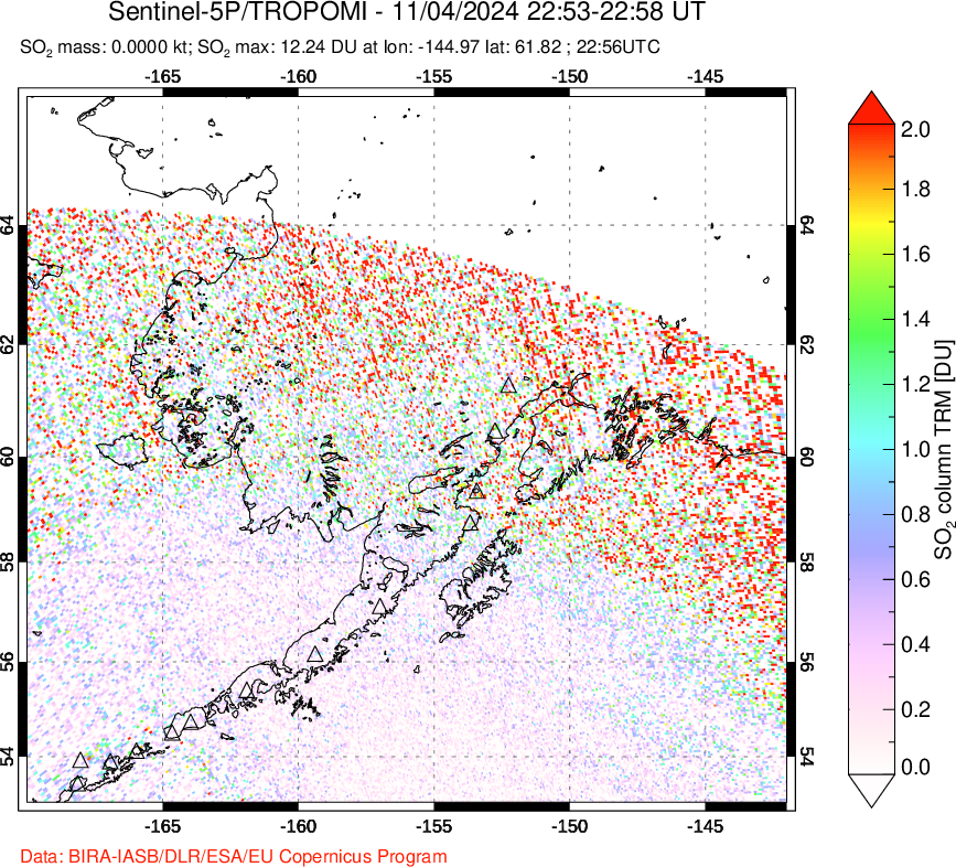 A sulfur dioxide image over Alaska, USA on Nov 04, 2024.