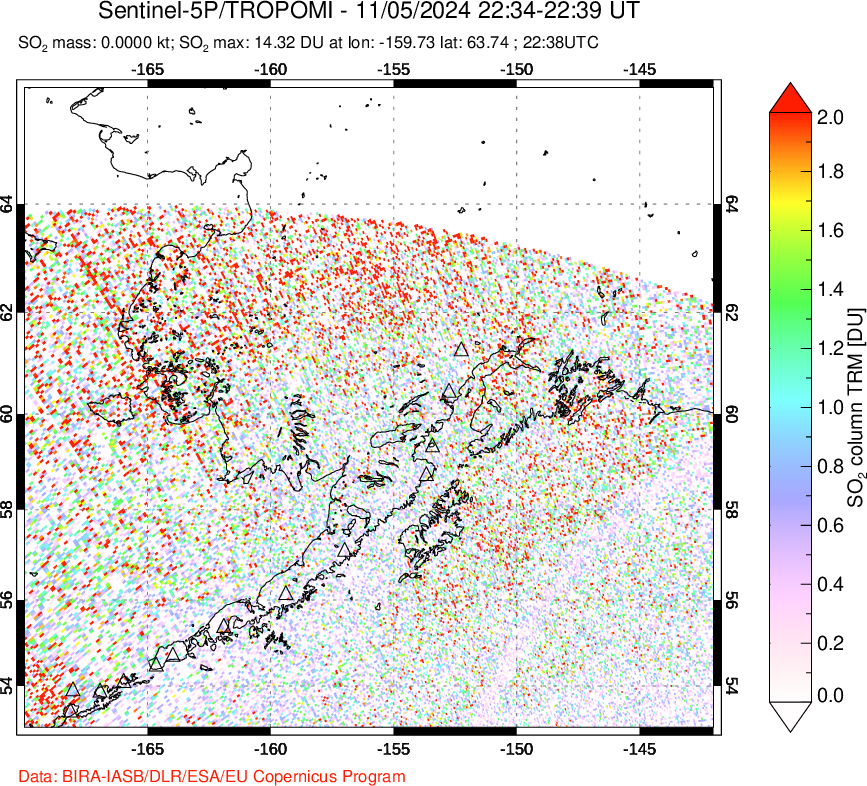 A sulfur dioxide image over Alaska, USA on Nov 05, 2024.