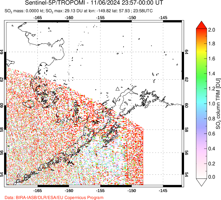 A sulfur dioxide image over Alaska, USA on Nov 06, 2024.