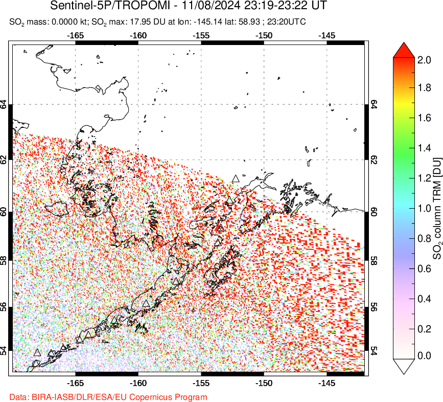 A sulfur dioxide image over Alaska, USA on Nov 08, 2024.