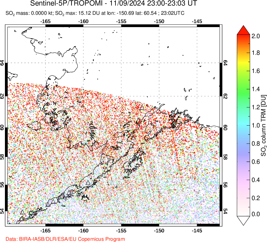 A sulfur dioxide image over Alaska, USA on Nov 09, 2024.