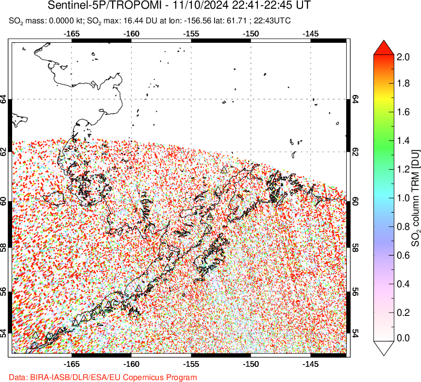 A sulfur dioxide image over Alaska, USA on Nov 10, 2024.