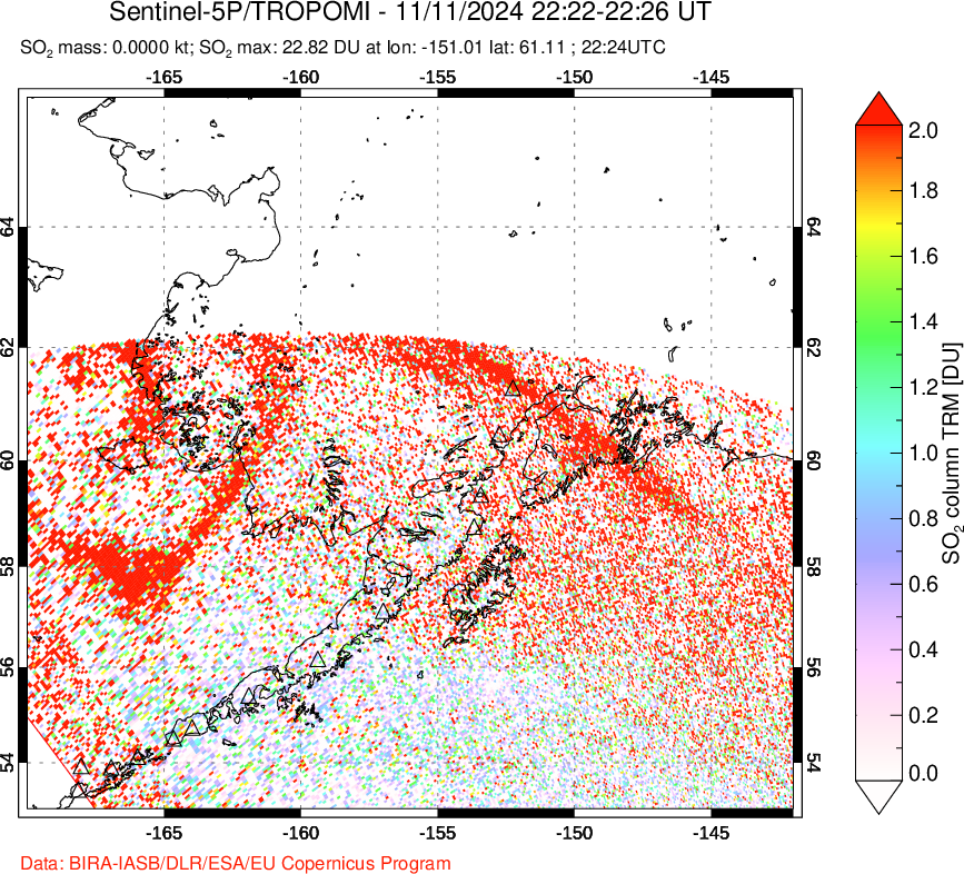 A sulfur dioxide image over Alaska, USA on Nov 11, 2024.