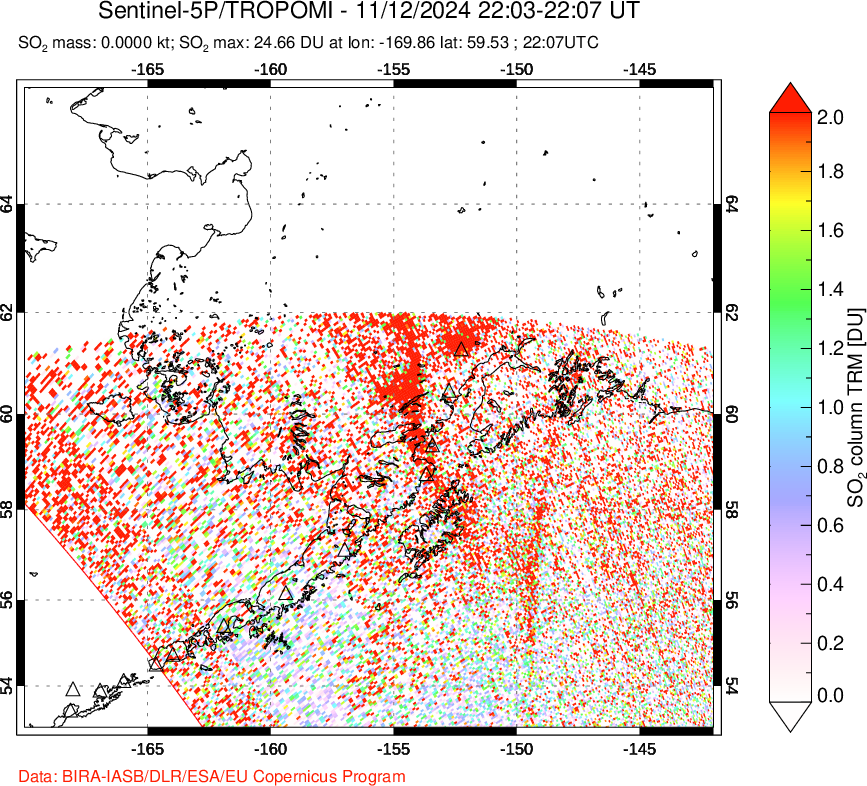 A sulfur dioxide image over Alaska, USA on Nov 12, 2024.