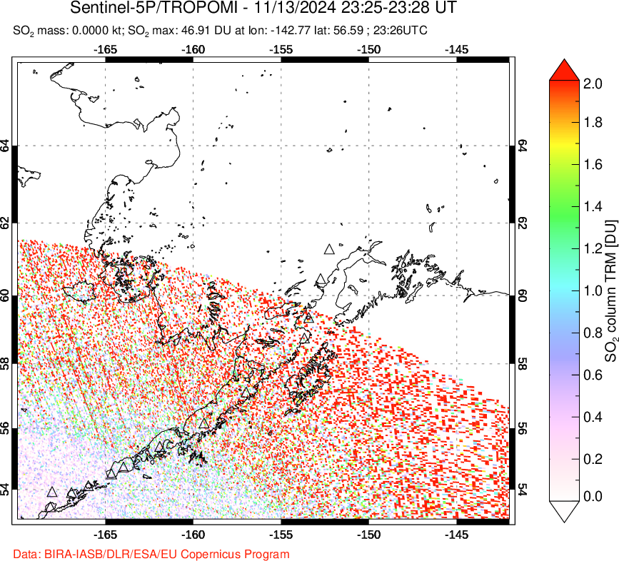 A sulfur dioxide image over Alaska, USA on Nov 13, 2024.