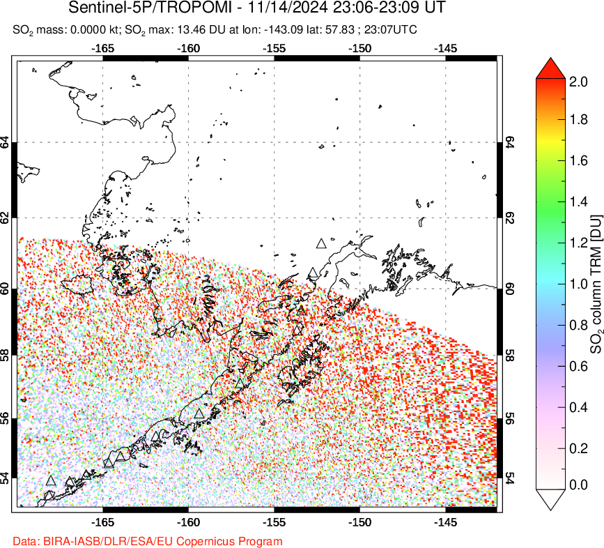 A sulfur dioxide image over Alaska, USA on Nov 14, 2024.