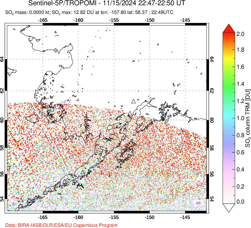 A sulfur dioxide image over Alaska, USA on Nov 15, 2024.