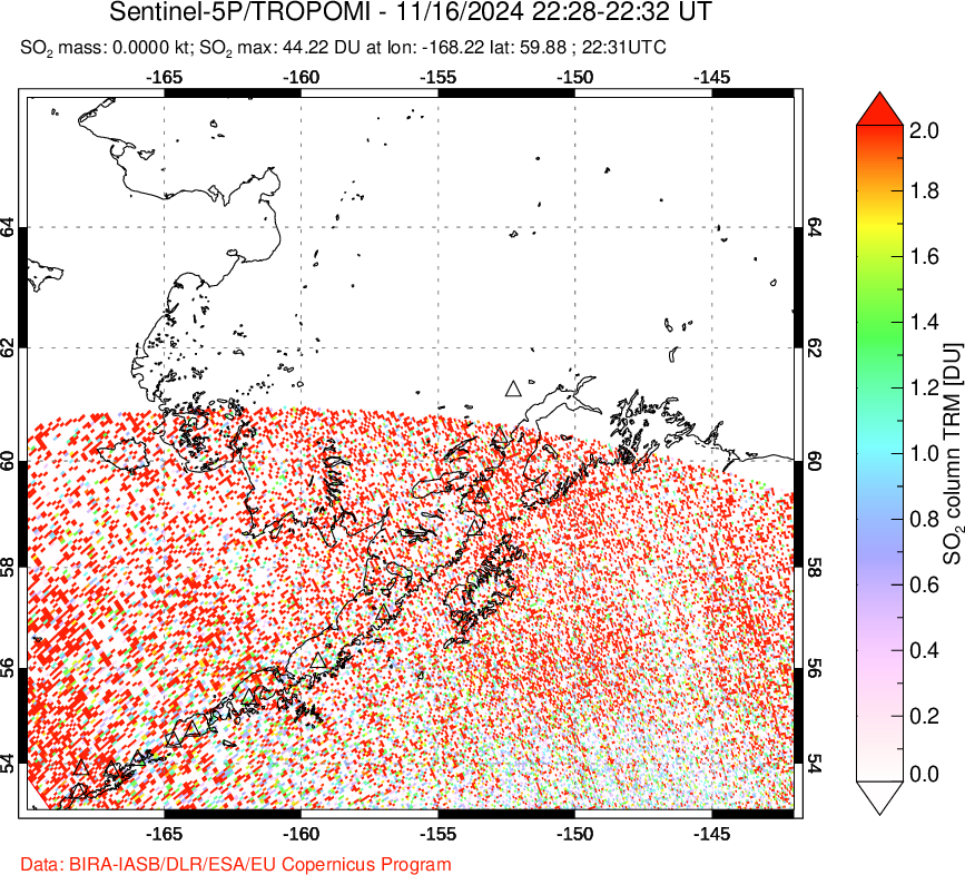 A sulfur dioxide image over Alaska, USA on Nov 16, 2024.