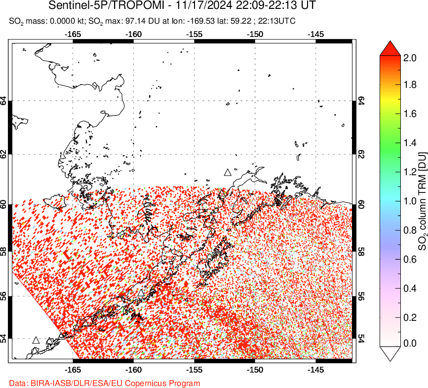 A sulfur dioxide image over Alaska, USA on Nov 17, 2024.