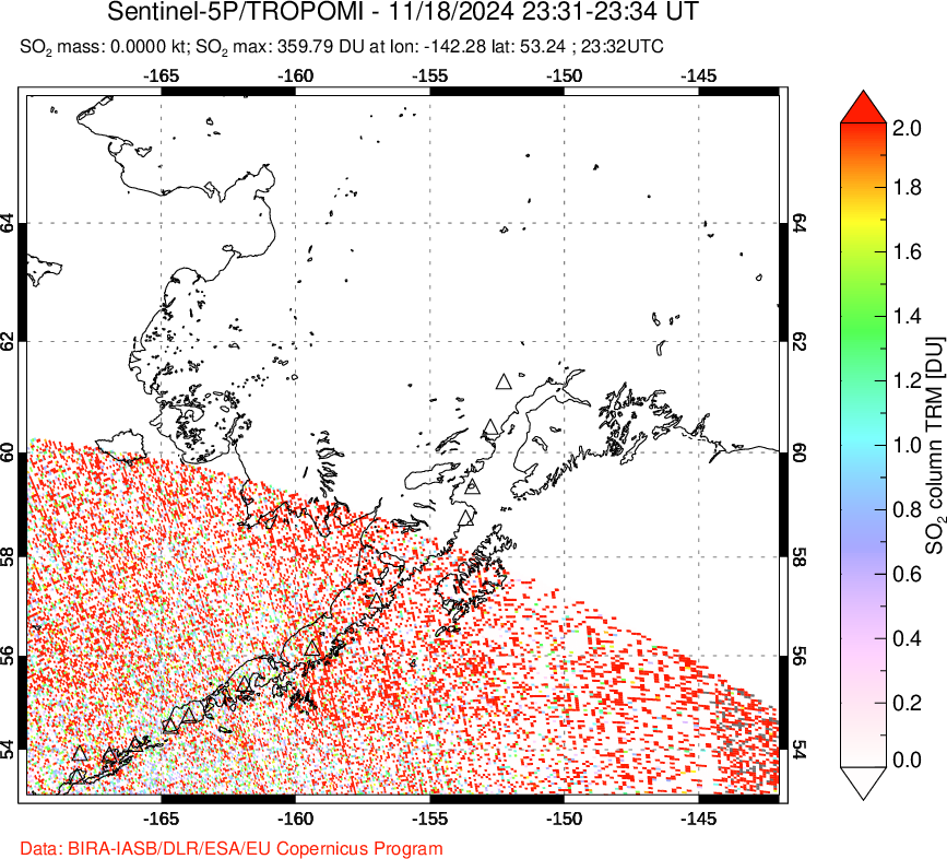 A sulfur dioxide image over Alaska, USA on Nov 18, 2024.