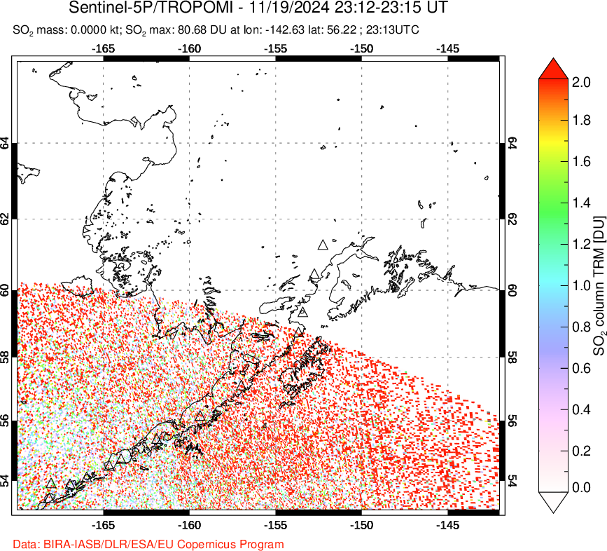 A sulfur dioxide image over Alaska, USA on Nov 19, 2024.