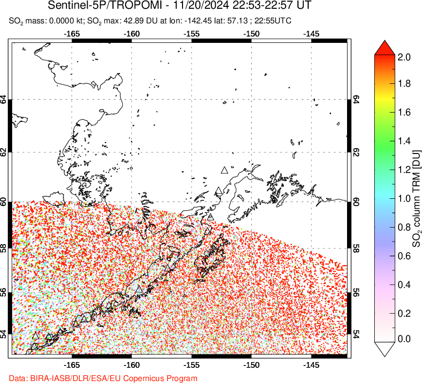 A sulfur dioxide image over Alaska, USA on Nov 20, 2024.