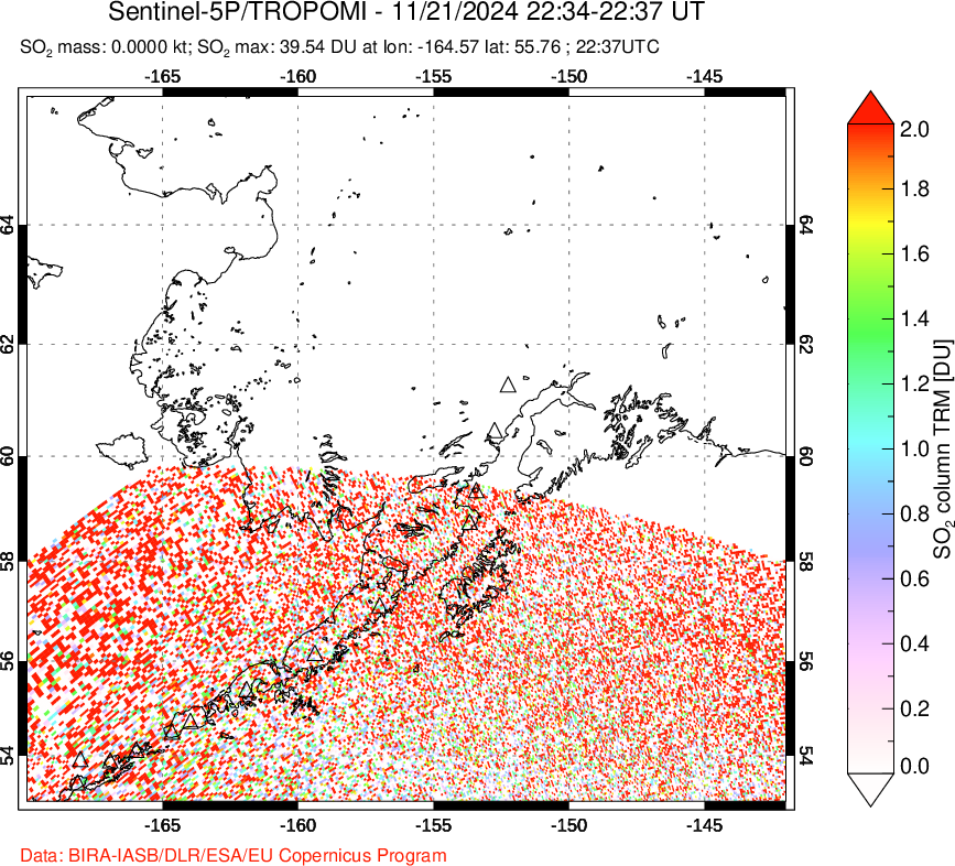 A sulfur dioxide image over Alaska, USA on Nov 21, 2024.