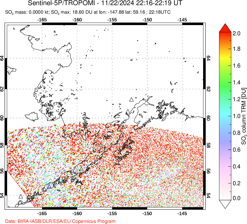 A sulfur dioxide image over Alaska, USA on Nov 22, 2024.