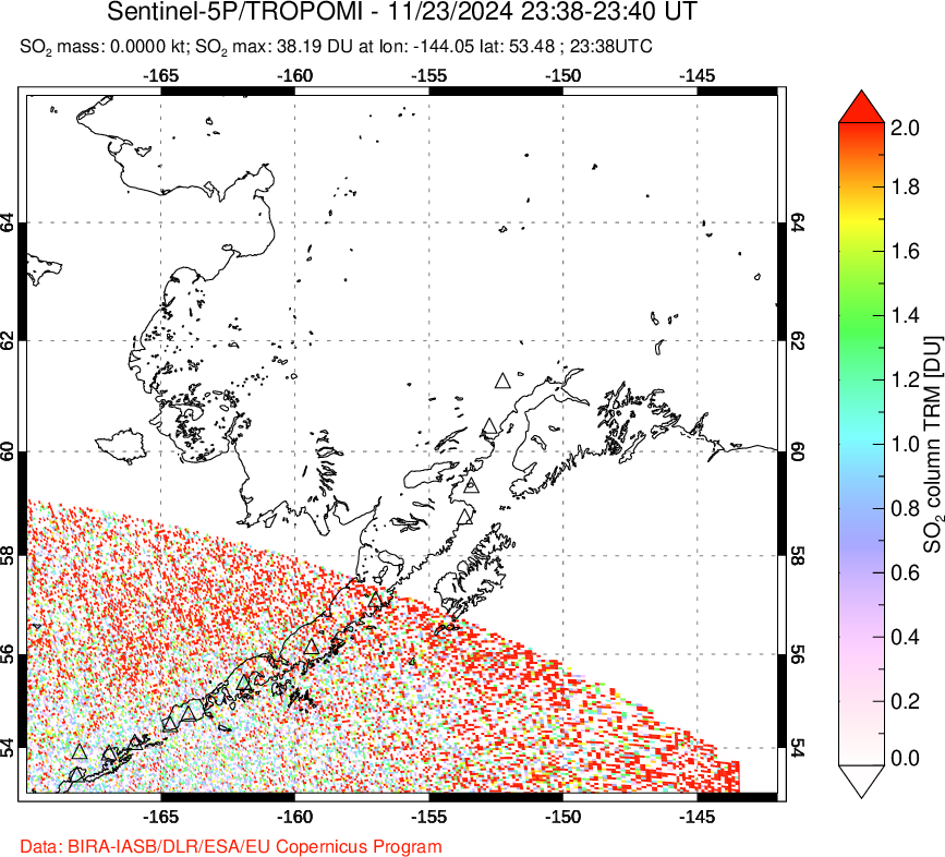 A sulfur dioxide image over Alaska, USA on Nov 23, 2024.