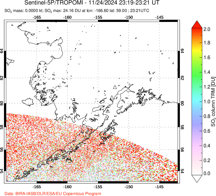 A sulfur dioxide image over Alaska, USA on Nov 24, 2024.