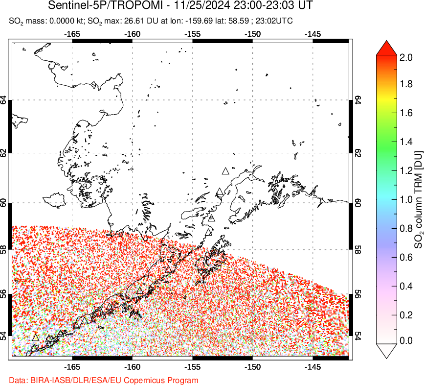 A sulfur dioxide image over Alaska, USA on Nov 25, 2024.