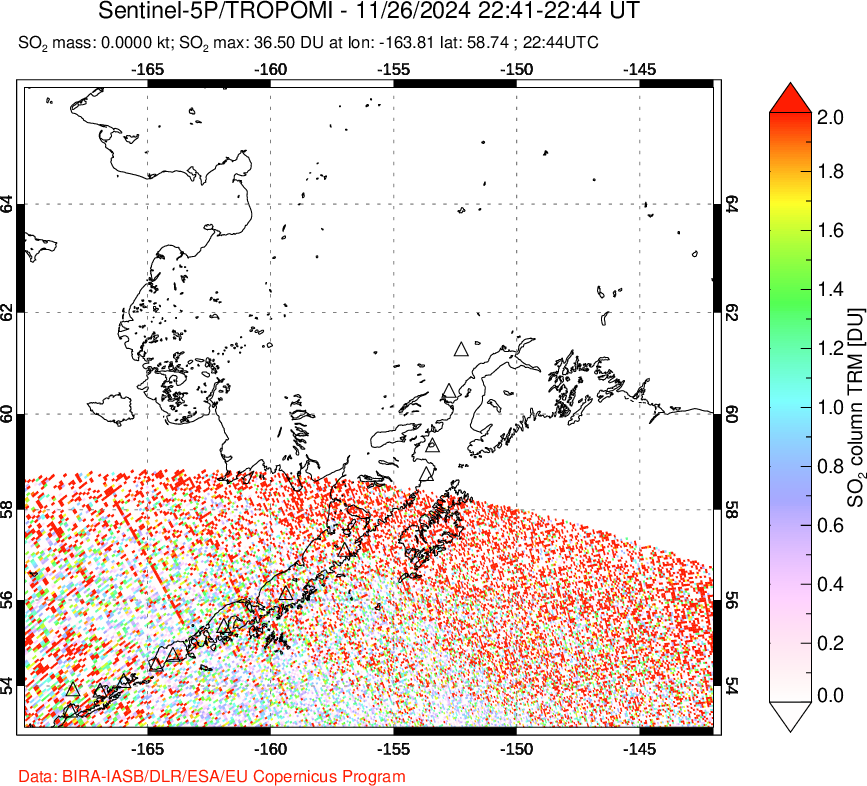 A sulfur dioxide image over Alaska, USA on Nov 26, 2024.