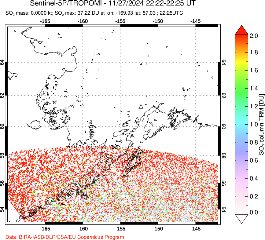 A sulfur dioxide image over Alaska, USA on Nov 27, 2024.